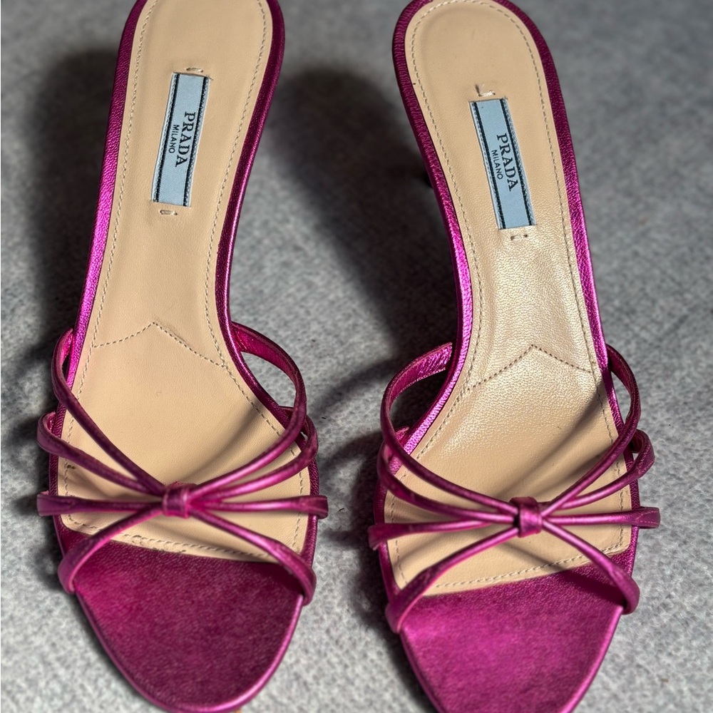 PRADA Metallic Cross-Strap Leather Mules